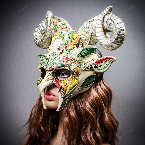 Krampus Ram Demon with Horns Venetian Devil Halloween Mask - Silver - Picture 3 of 9